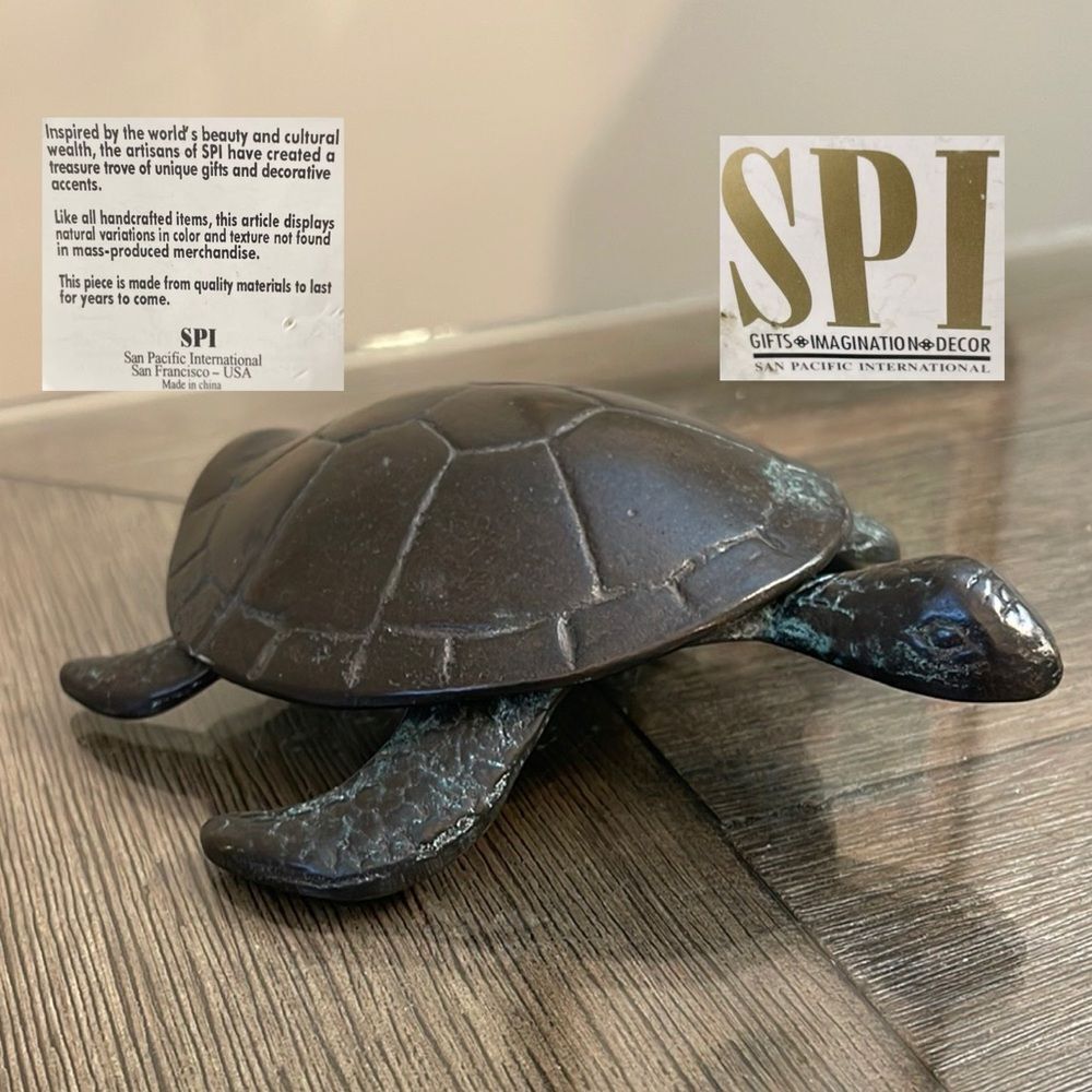 SPI San Pacific International Sea Turtle Verdigris Bronze Trinket Box Figurine